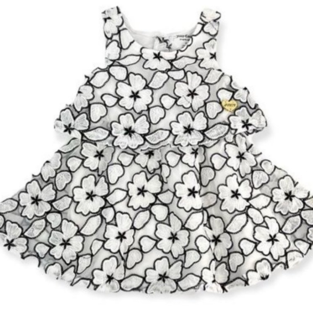 Juicy Couture Black/White Floral Print Baby Girl Embroided Tiered Dress